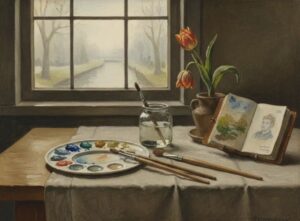 натюрморт з атрибутами мистецтва у стилі «малих голландців» (акварель, пензлі).