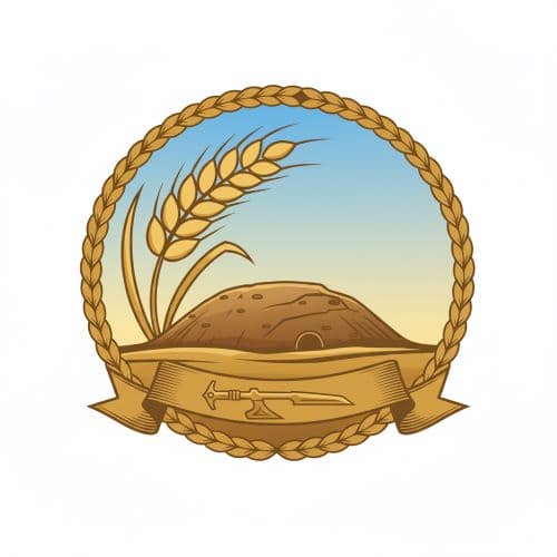 Зображення представляє собою круглу емблему або логотип у геральдичному стилі. У центрі композиції зображено земляний насип, схожий на давній курган або житло, з темним входом біля основи, на тлі неба, що переходить від блакитного до жовтого кольору. З лівого боку над пагорбом нависає велике золоте колосся пшениці. Емблема оточена декоративною окантовкою, що нагадує плетений канат або візерунок із зерна. У нижній частині розміщена стрічка, на якій зображено стародавню зброю — бойову сокиру (клевець або чекан).