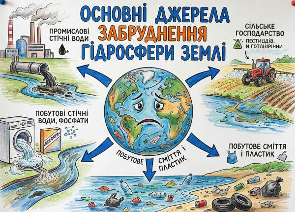 плакат «Основні джерела забруднення гідросфери Землі