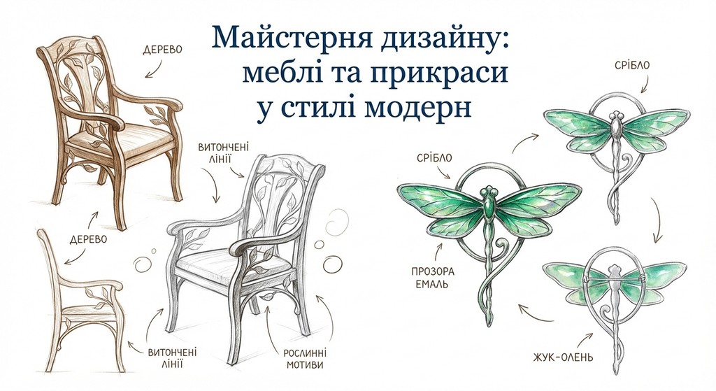 ескізи меблів, посуду, ювелірних виробів, вітальних веблистівок у стилі модерн.