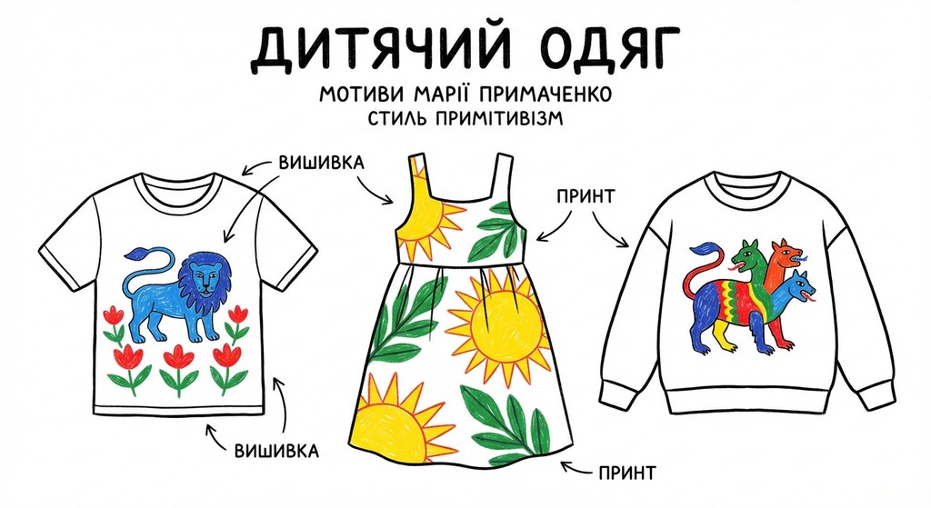 ескізи оформлення дитячого одягу у стилі примітивізм