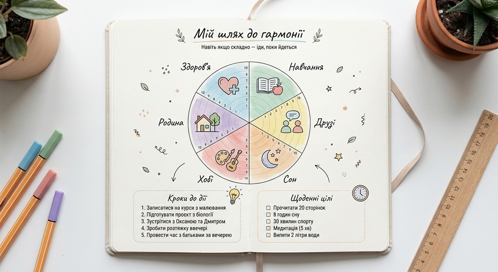 Естетична сторінка планера для підлітків «Мій шлях до гармонії» з колесом балансу життя, розділами для цілей та м'яким сучасним дизайном українською мовою.