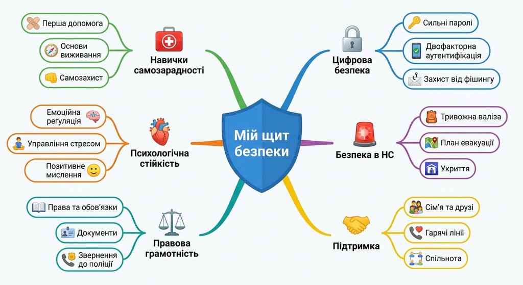 Детальна ментальна карта з центральним написом «Мій щит безпеки», навколо якого розташовані шість гілок: навички самозарадності, цифрова безпека, психологічна стійкість, безпека в НС, правова грамотність та підтримка, доповнені іконками аптечки, замка та серця.