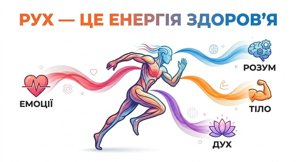 Сучасний графічний постер із написом «РУХ — ЦЕ ЕНЕРГІЯ ЗДОРОВ’Я», де центральна постать у русі з’єднує іконки тіла, розуму, емоцій та духу через кольорові енергетичні потоки.
