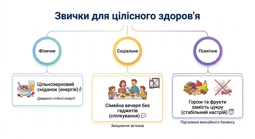 Сучасна освітня інфографіка під назвою 'Звички для цілісного здоров'я', що містить три блоки: фізичне здоров'я (цільнозерновий сніданок), соціальне (сімейна вечеря без гаджетів) та психічне (горіхи та фрукти для стабільного настрою).