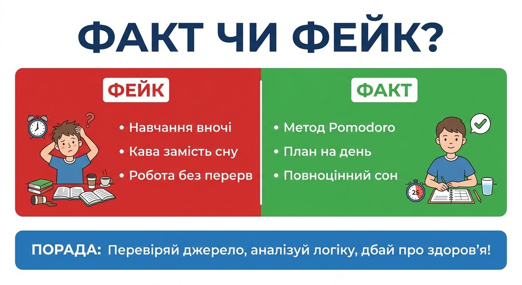 Освітній плакат «Факт чи фейк?», розділений на червону секцію «ФЕЙК» із шкідливими звичками (навчання вночі, кава замість сну) та зелену секцію «ФАКТ» із корисними порадами (метод Pomodoro, сон). Зображено розгубленого та зосередженого студентів, а внизу — пораду перевіряти джерела.