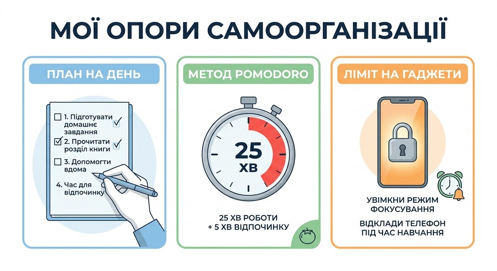 Сучасний освітній плакат для учнів 9-го класу «МОЇ ОПОРИ САМООРГАНІЗАЦІЇ», що складається з трьох секцій: список справ «ПЛАН НА ДЕНЬ», таймер «МЕТОД POMODORO» та смартфон із замком «ЛІМІТ НА ГАДЖЕТИ».