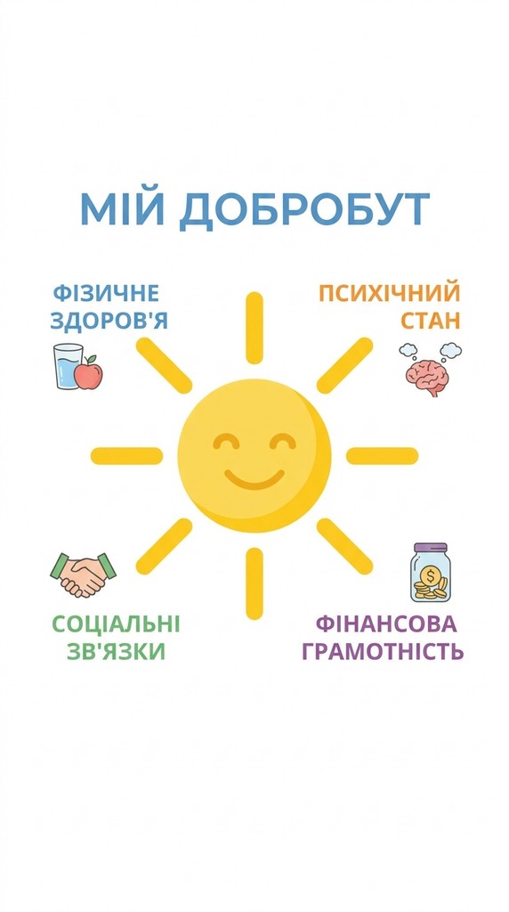 Яскравий інфографічний плакат «Мій добробут» із центральним зображенням сонця, промені якого представляють фізичне здоров’я, психічний стан, соціальні зв’язки та фінансову грамотність з відповідними іконками.