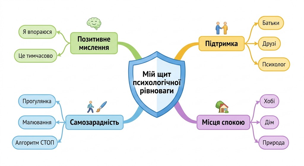 Професійна ментальна карта для учня 9 класу 'Мій щит психологічної рівноваги' з гілками про позитивне мислення, самозарадність, підтримку та місця спокою.