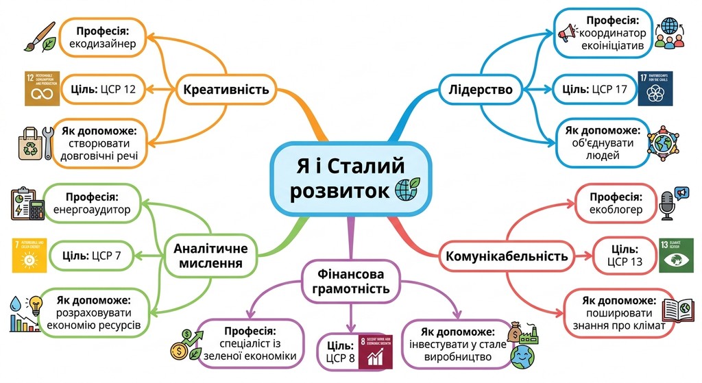 Кольорова ментальна карта «Я і Сталий розвиток» для учня 9 класу, що демонструє взаємозв'язок між навичками, майбутніми екопрофесіями та Цілями сталого розвитку ООН.