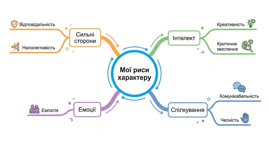 Яскрава ментальна карта з центральним заголовком «Мої риси характеру» та чотирма основними гілками: сильні сторони, інтелект, спілкування та емоції, що містять ключові слова українською мовою.