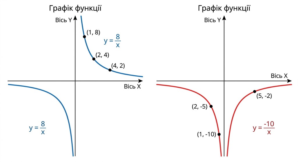 Дві окремі декартові системи координат. На першій зображено синю гіперболу y = 8/x у I та III чвертях. На другій — червону гіперболу y = -10/x у II та IV чвертях. Підписи осей та заголовки виконані українською мовою.