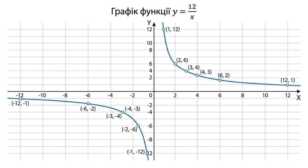 Математичний графік функції y=12/x у декартовій системі координат. Гіпербола складається з двох гілок у першій та третій чвертях. Осі X та Y підписані українською мовою, на видимій сітці позначені ключові точки: (1, 12), (2, 6), (3, 4), (4, 3), (6, 2).