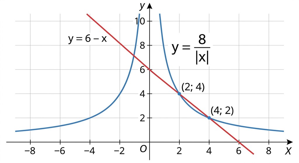 Математичний графік на координатній площині з осями X та Y. Показано дві функції: симетричну криву y = 8/|x| та пряму лінію y = 6 -x, які перетинаються в точках (2, 4) та (4, 2).