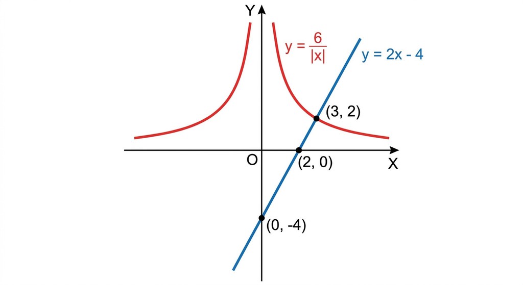 Математичний графік на координатній площині, що показує функції y = 6/|x| та y = 2x -4. Гіперболоподібна крива симетрично розташована в першій та другій чвертях, а пряма перетинає її в точці (3, 2). Осі підписані як X та Y, початок координат позначений літерою O.