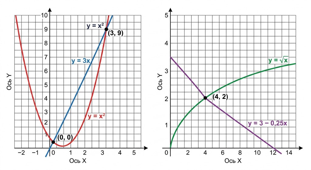 Дві координатні площини: на першій графіки y=x² та y=3x перетинаються у точках (0,0) та (3,9), на другій — y=sqrt(x) та y=3-0,25x перетинаються у точці (4,2). Усі підписи виконано українською мовою.