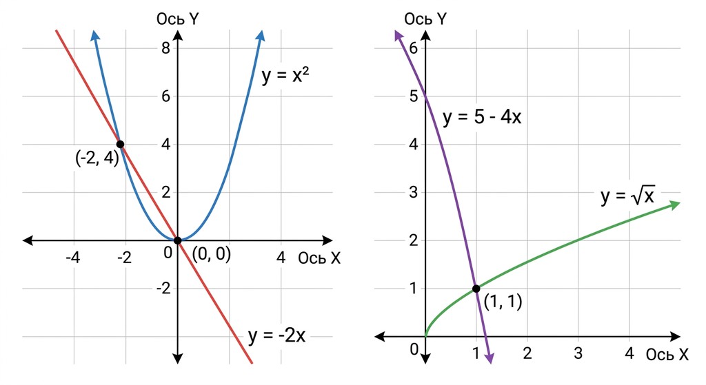 Дві координатні площини: на першій зображено перетин параболи y=x² та прямої y=-2x у точках (-2,4) та (0,0); на другій — перетин графіка y=sqrt(x) та прямої y=5-4x у точці (1,1). Усі підписи та осі позначені українською мовою.