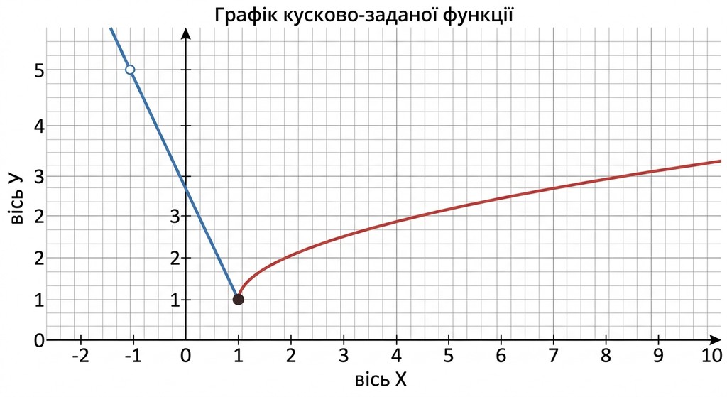 Математичний графік кусково-заданої функції в декартовій системі координат. Для x < 1 зображено пряму y = 3 -2x, а для x >= 1 — криву y = sqrt(x). Обидві частини з'єднуються в точці (1, 1). Осі підписані як «вісь X» та «вісь Y», на фоні присутня сітка.