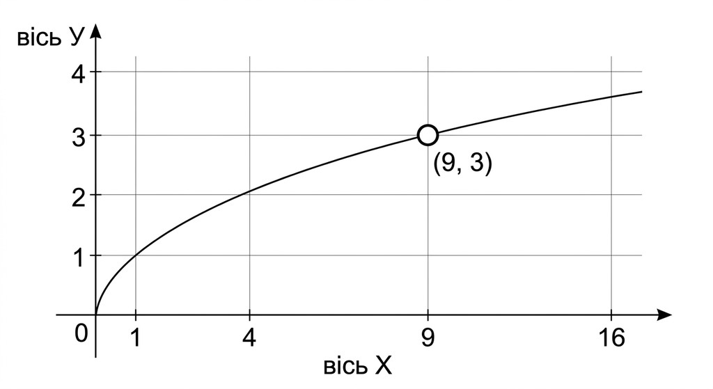 Математичний графік функції y = sqrt(x) у декартовій системі координат із виколотою точкою (порожнім колом) у точці (9, 3). Осі мають підписи «вісь X» та «вісь Y».