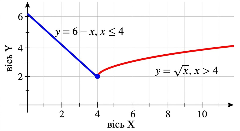 Графік кусково-заданої функції, що складається з прямої y = 6 -x при x ≤ 4 та кривої y = √x при x > 4. Обидві частини з'єднуються в точці (4, 2). Осі підписані як «вісь X» та «вісь Y».