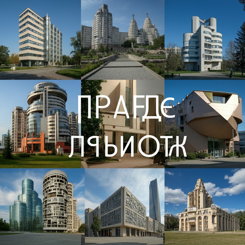 Колаж професійних архітектурних фотографій знакових будівель у стилі постмодернізму з усього світу. На зображенні представлені сміливі геометричні форми, деконструктивістські елементи та яскраві кольори фасадів. У центрі внизу розміщено елегантний сучасний напис українською мовою «АРХІТЕКТУРА ПОСТМОДЕРНІЗМУ».