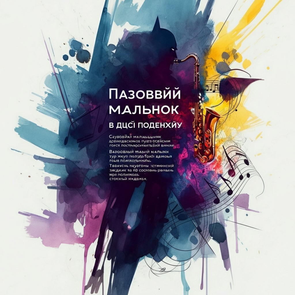 Абстрактна акварельна картина в стилі постмодернізму, що відображає хаотичну енергію джазової імпровізації з яскравими плямами синього, фіолетового, жовтого та червоного кольорів, з графічними лініями саксофона та написом «Джазовий малюнок» у кутку.