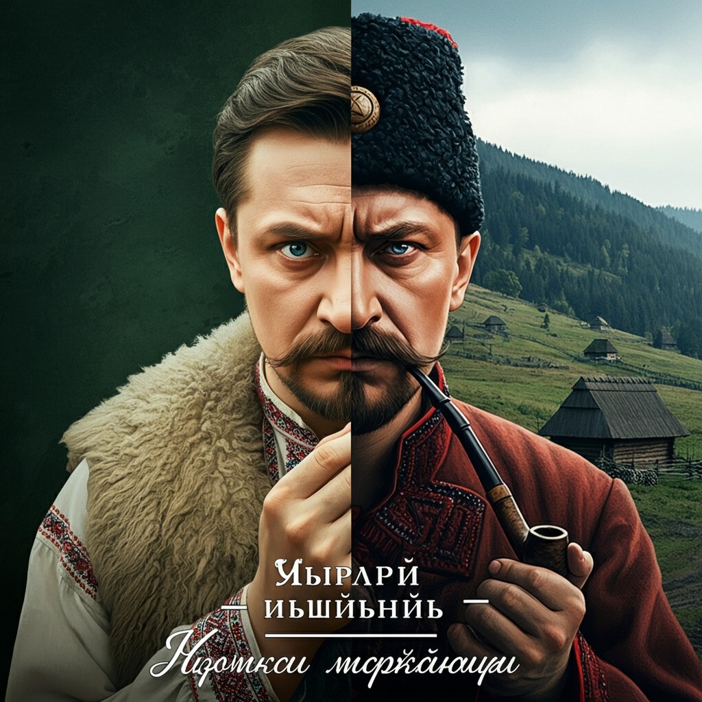 Колаж-ілюстрація, присвячена Івану Миколайчуку. Ліворуч — портрет молодого актора у традиційній гуцульській вишиванці та кожусі з фільму «Тіні забутих предків». Праворуч — образ козака Василя з фільму «Пропала грамота» у козацькій шапці з люлькою. На тлі — зелені Карпати та дерев'яне село. Знизу напис: «ІВАН МИКОЛАЙЧУК — ДУША УКРАЇНСЬКОГО КІНО».