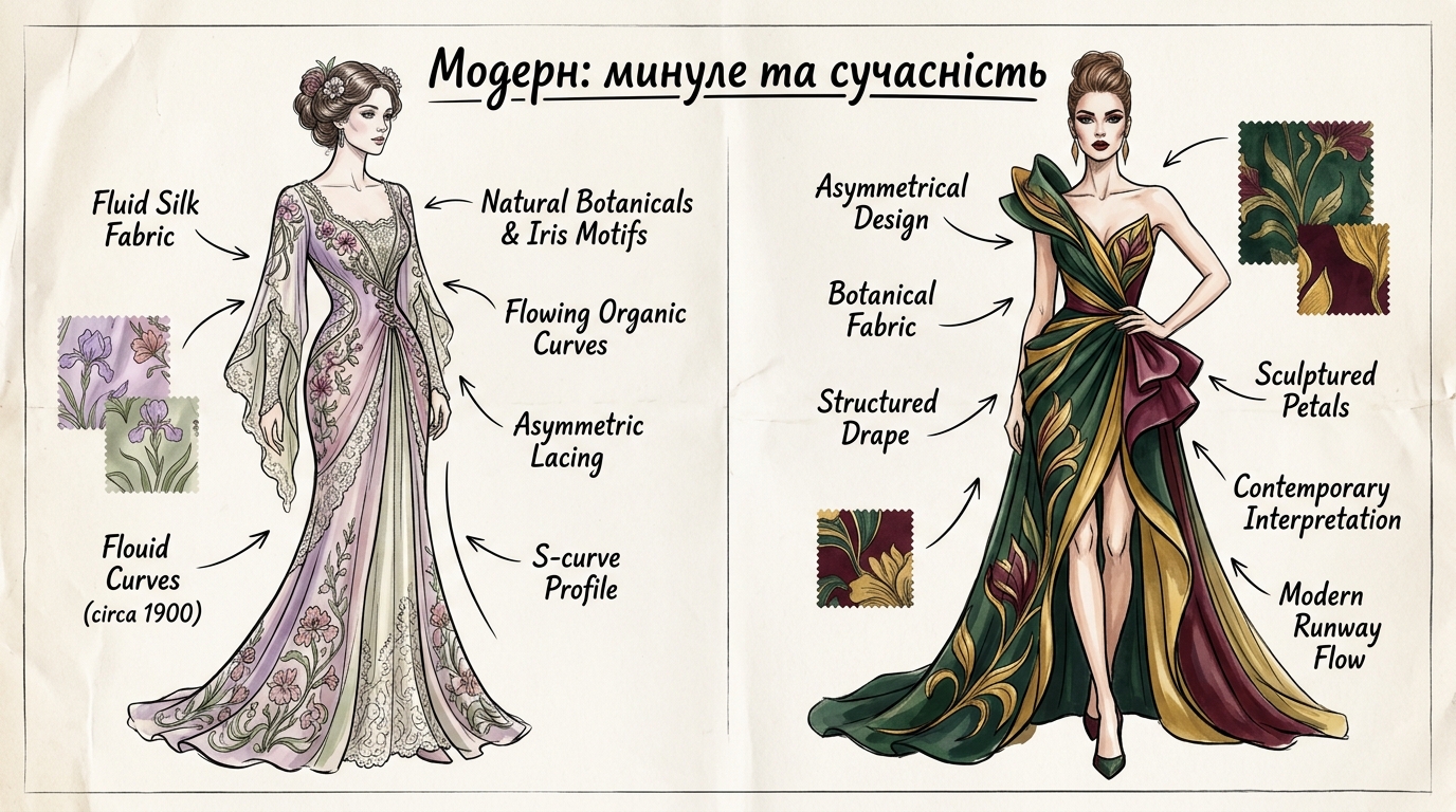 Ескізи костюмів у стилі модерн: порівняння сукні початку XX століття та сучасної моделі одягу